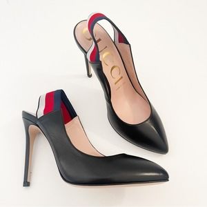 NEW Gucci Sylvie Web Stripe Slingback pointed toe Pump 4.25” High heel 37 US 7